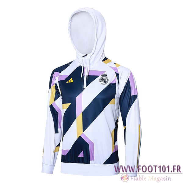 Sweatshirt Training Capuche Real Madrid Blanc/Bleu/Pourpre 2023/2024 Sweatshirt Training Capuche Real Madrid Blanc/Bleu/Pourpre 2023/2024