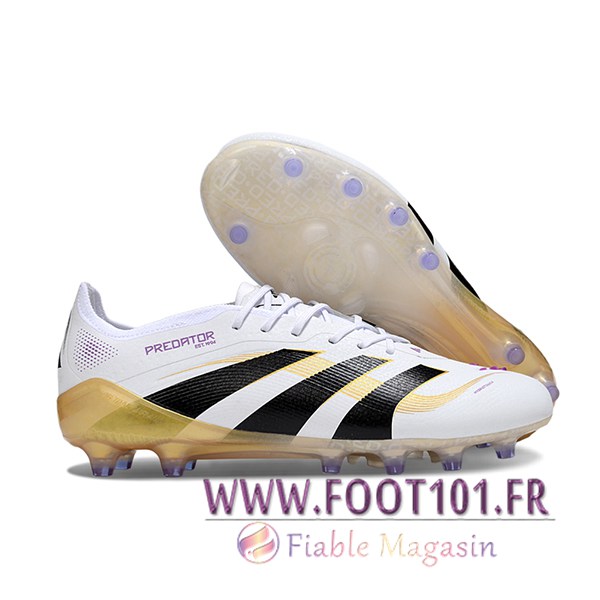 Adidas Chaussures de Foot 25 Predator Elite Tongue AG Blanc/Noir/Jaune -02 Adidas Chaussures de Foot 25 Predator Elite Tongue AG Blanc/Noir/Jaune -02