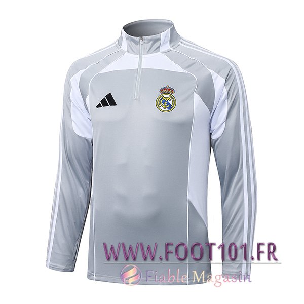 Sweatshirt Training Real Madrid Gris/Blanc 2025/2026 Sweatshirt Training Real Madrid Gris/Blanc 2025/2026